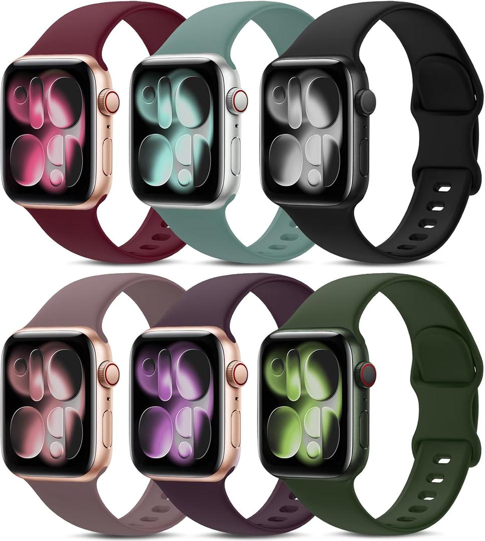 6 Pack Sport Bands Compatible with Apple Watch Band 38mm 40mm 41mm 42mm 44mm 45mm 49mm 46mm,Silicone Waterproof Strap for iWatch Apple Watch Series 11 10 9 Ultra 8 7 6 5 4 3 2 1 SE Women Men (Black/Cactus/ Red/Cyprus Green/Smoke Violet/Cherry Dark)