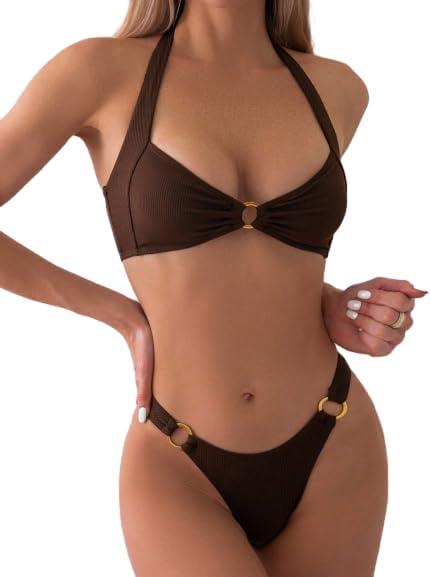 SKAYS Women's Sexy Two Piece Bikini Sets Triangle Swimsuits Ribbed Halter Ring Stylish High Cut Thong Swimwear Bathing (Medium, Coffeebrown)