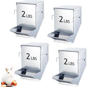 Maxcheck 4 Pcs Rabbit Feeder for Cages Small Animal Food Dispenser with Lid Metal Rabbit Feeders Outside for Guinea Pig(4.7 Inches,Silver)