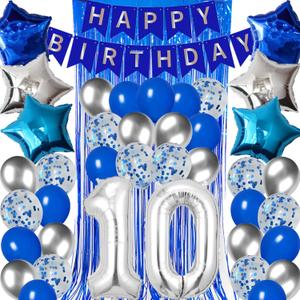 10th Birthday Decorations for Boys Silver Blue Happy 10th Birthday Banner Tenth Party Supplies 32inch Number 10 Balloons Fringe Curtain 10 Years Old Bday Party Supplies Kit for Him Her Girls (Silver)
