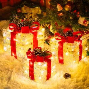 Set of 3 Christmas Lighted Gift Boxes,Indoor Outdoor Christmas Decorations, 65 LED Outdoor Lighted Holiday Displays,Plug-in Light Up Presents Box for Indoor Christmas Tree Home Yard Lawn Decor