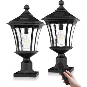 Lovus Solar Post Lights with Pier Mount Base, 19'' H Aluminum Solar Lamp Post Light, 2700K/4000K/6000K Dusk to Dawn Pole Lights Outdoor for Pathway Pillar Yard Patio, Remote Control, Black-2PACK, 3CCT2PackRemote