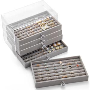 SPAKOWN Ring Box Display Holder, Clear Velvet Jewelry Storage Tray Organizer for Ring Stud Earring (Grey - 5 Drawers)