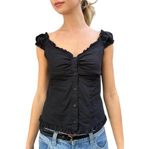 Women's Summer Button Down Crop Tops Cap Sleeve Y2k Slim Fitted Shirts Babydoll Coquette Tops Blouse (Medium, Black)
