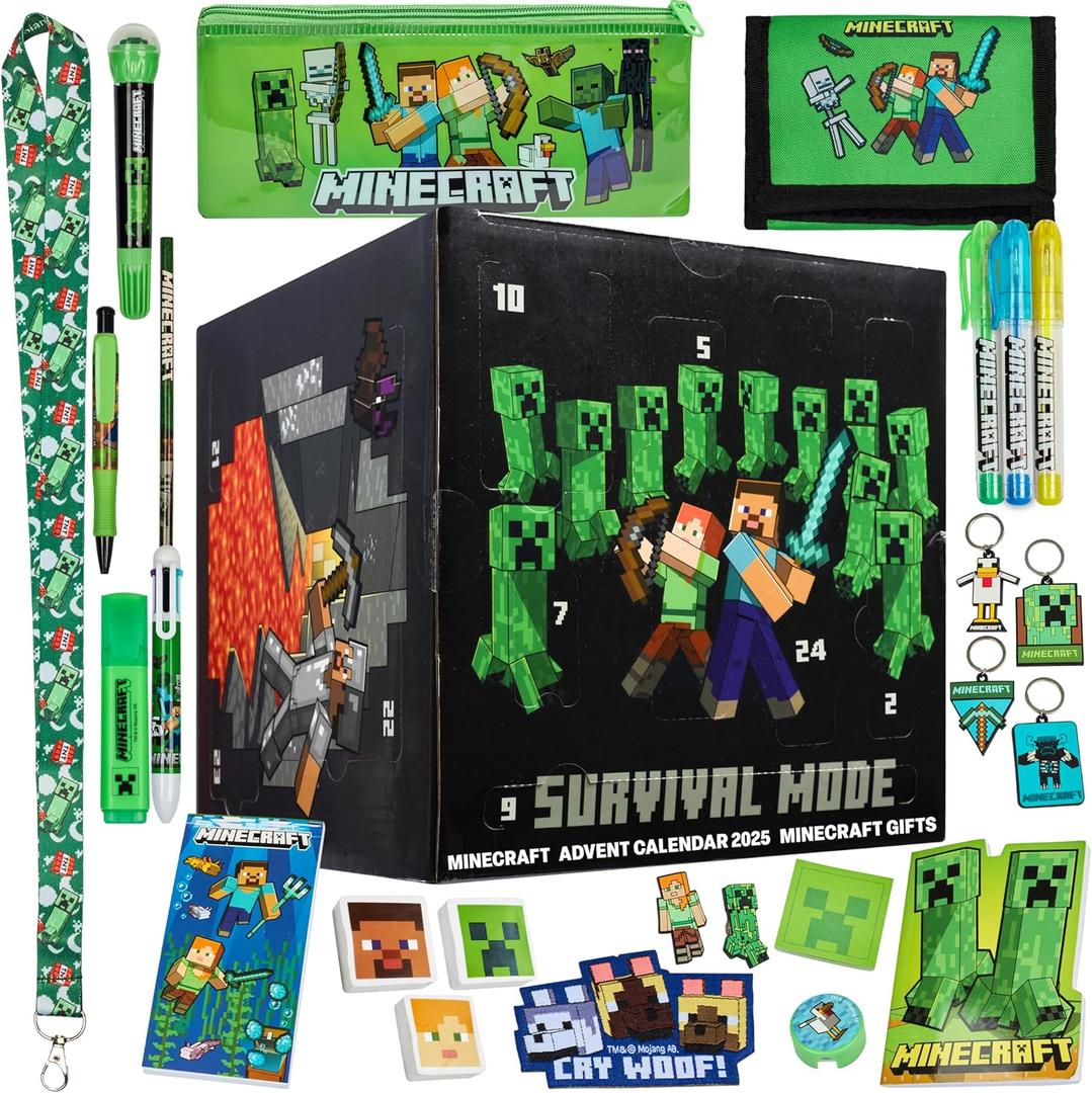 Minecraft Advent Calendar 2025 for Boys Girls with 24 Items, Keychains, Pens, Notebooks, Creeper Christmas Countdown Calendars Gamer Xmas Gifts (Black Cube)