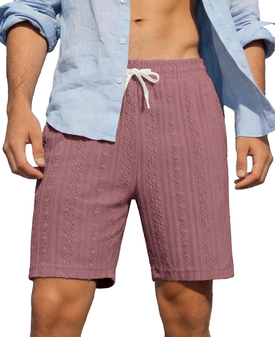 Susclude Mens Shorts Casual 7" Textured Elastic Waist Drawstring Beach Vocation Summer Stretch Comfy Short with Pocket Pink (M)