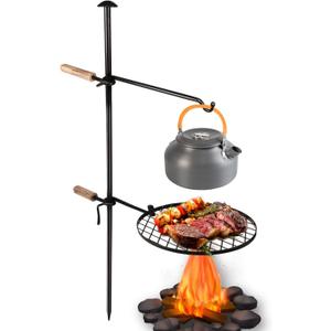 Campfire Grill Open Fire Cooking Equipment for Camping with Height Adjustable Swivel Grill Grate and Hanger Rod