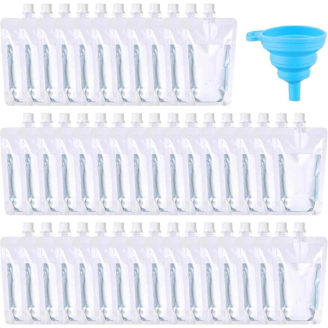 Patelai 150 Pieces Plastic Liquid Pouch Reusable Juice Pouches Travel Water Leak Proof Bags Bulk with Collapsible Silicone Funnel for Travel Outdoor (10 oz)
