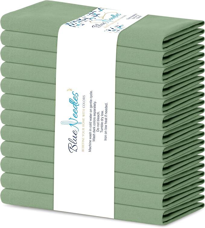 Blue Needles Solid Cloth Napkins Set of 12 Sage Green 100% Cotton Dinner Napkins 18x18 inches - Soft, Reusable, Absorbent & Washable Linen, Ideal for Christmas Events, Parties & Everyday Use