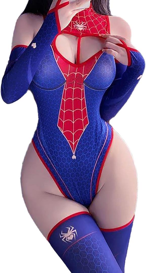 Cosplay Bodysuit Costumes Lingerie for Women, Heart Cutout Halloween Cosplays Sexy Outfit (Blue-red) One Size