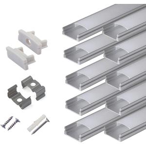 hunhun 10-Pack 6.6ft/ 2Meter U Shape LED Aluminum Channel System with Milky Cover, End Caps and Mounting Clips, Aluminum Profile for LED Strip Light Installations, Very Easy Installation