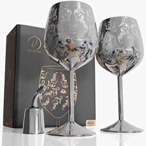 Vaanshie 17oz Stainless Steel Wine Glasses [Set of 2] – Silver Royal Goblets with Intricate Baroque Engravings, Unbreakable and Shatterproof Wine Cups with Bottle Stopper for Travel, Mother's Day Gift