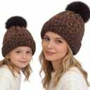 Winter Knit Beanie Hat for Girls Women Parent-Child with Faux Pom Warm Fleece Lined