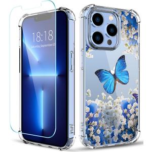 Flower Pattern Designed for iPhone 13 Pro Max Case[with Screen Protector], Floral Clear Women Phone Case Shockproof Protective Soft TPU Bumper Cover 6.7 Inch 2021 (Butterfly/Blue)