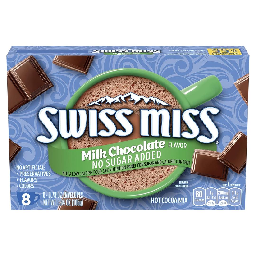 Swiss Miss Milk Chocolate Flavored No Sugar Added Hot Cocoa Mix, Hot Cocoa Bar Supplies, Powder, 0.73 oz., 8-Count Envelopes (12 Boxes) BB 5/24/26