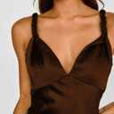 Summer Satin Braided Spaghetti Strap V Neck Maxi Dress for Women Elegant Silk Sleeveless Backless Midi Prom Dress (Brown, XL)