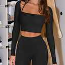 LASLULU Long Sleeve Workout Tops for Women Sexy Square Neck Crop Tops Cropped T Shirts Exercise Going Out Tops with Built in Bra(Black, Small)