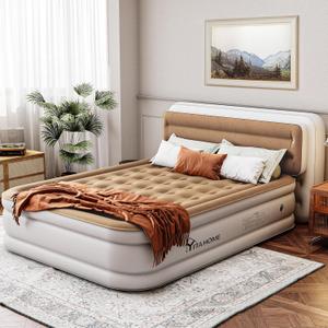 YITAHOME 18'' Flocked Top Queen Air Mattress with Pump and Banded Headboard, Durable Inflatable Bed, Blow-Up Mattress for Indoor and Outdoor Use, Brown