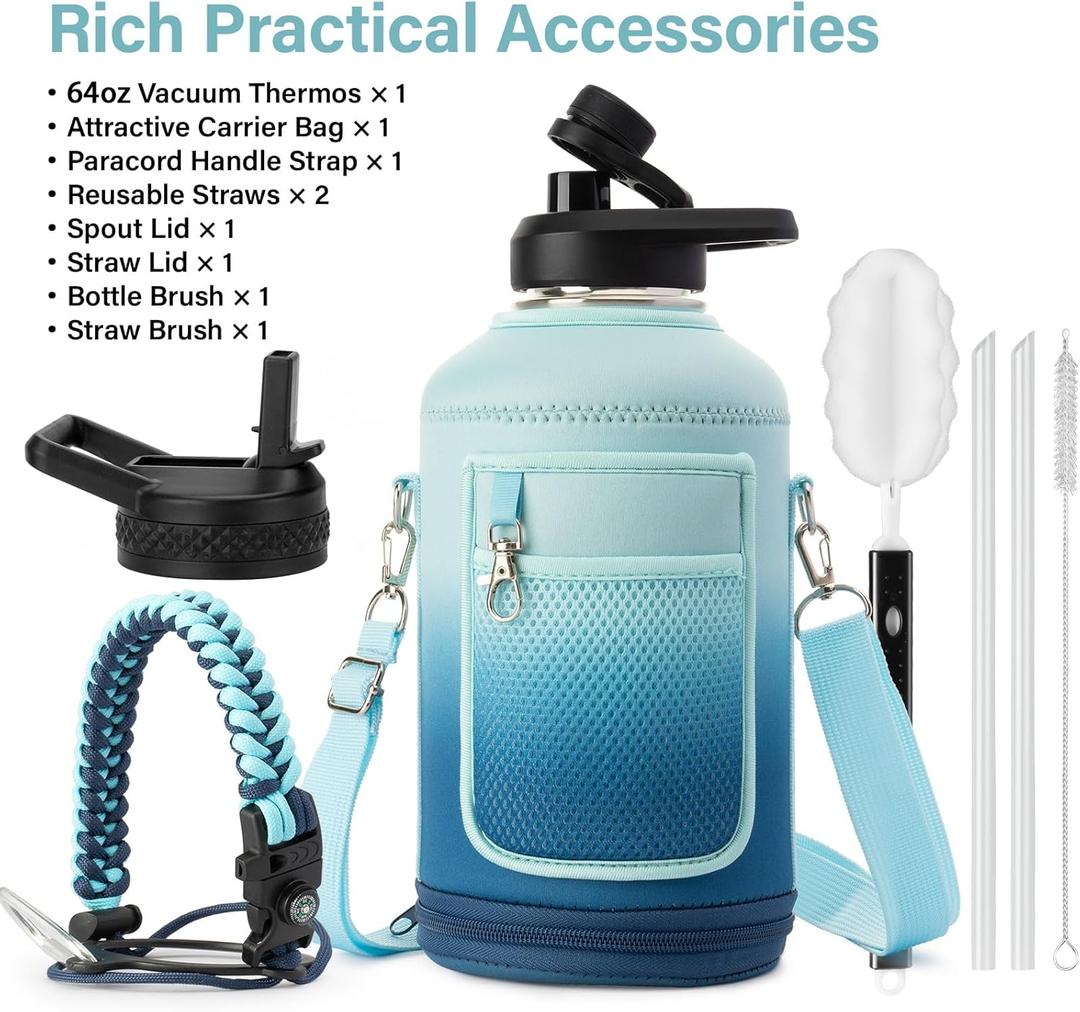 Insulated Water Bottle | Thickened Stainless Steel Vacuum Metal | Portable Sports Half Gallon Large Water Jug for Gym and Hiking with Straw, Carrier Bag, Handle Strap | BPA-Free 64 oz (Gradient Blue)