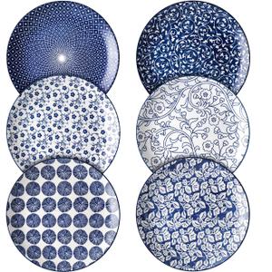 Selamica 8 inch Porcelain Dinner Plates, Large Size Serving Plate for Salad, Pancakes, Steak, Set of 6, Vintage Blue