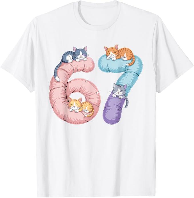 Cute 67 Cat Meme Design T-Shirt, Size M, White