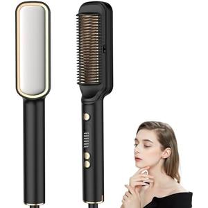 Hair Straightener Brush with Ceramic Coating, Hair Straightener Comb 6 Temps Settings up to 210-400F, 20s Fast Heating, Double Voltage 110-240V Travel Hair Straightener