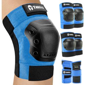 Tanden Skateboard Protective Gear Knee Pads and Elbow Pads Set, Elbow and Knee Pads for Roller Skating Wrist Guards Skateboarding Pads (Youth (9-15 Years), Blue)