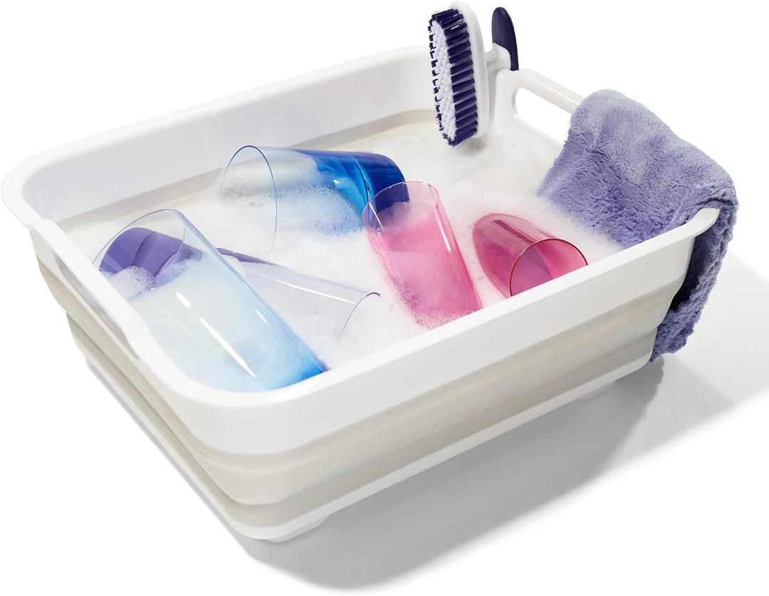 Madesmart Collapsible Dishwashing Basin with Handles, Plastic Pop-Up Dish Wash Basin for Kitchen Counters, Gray/White