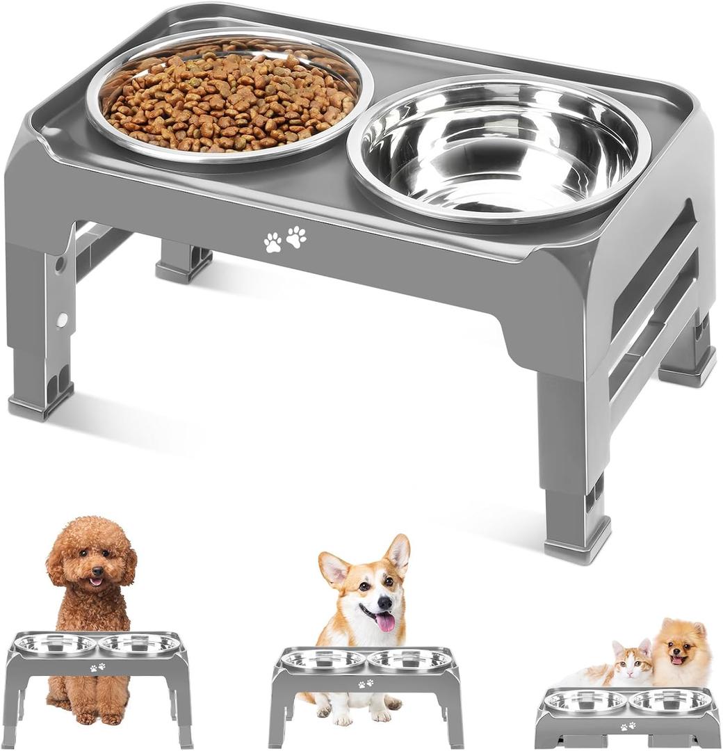 COMESOON Elevated Dog Bowls for Small Medium Dogs, 3 Height Adjustable Raised Stand with 2 Thick 6" Stainless Steel Food Bowls, Non-Slip Feeder Adjusts to 2.75", 6", 7.5", Grey