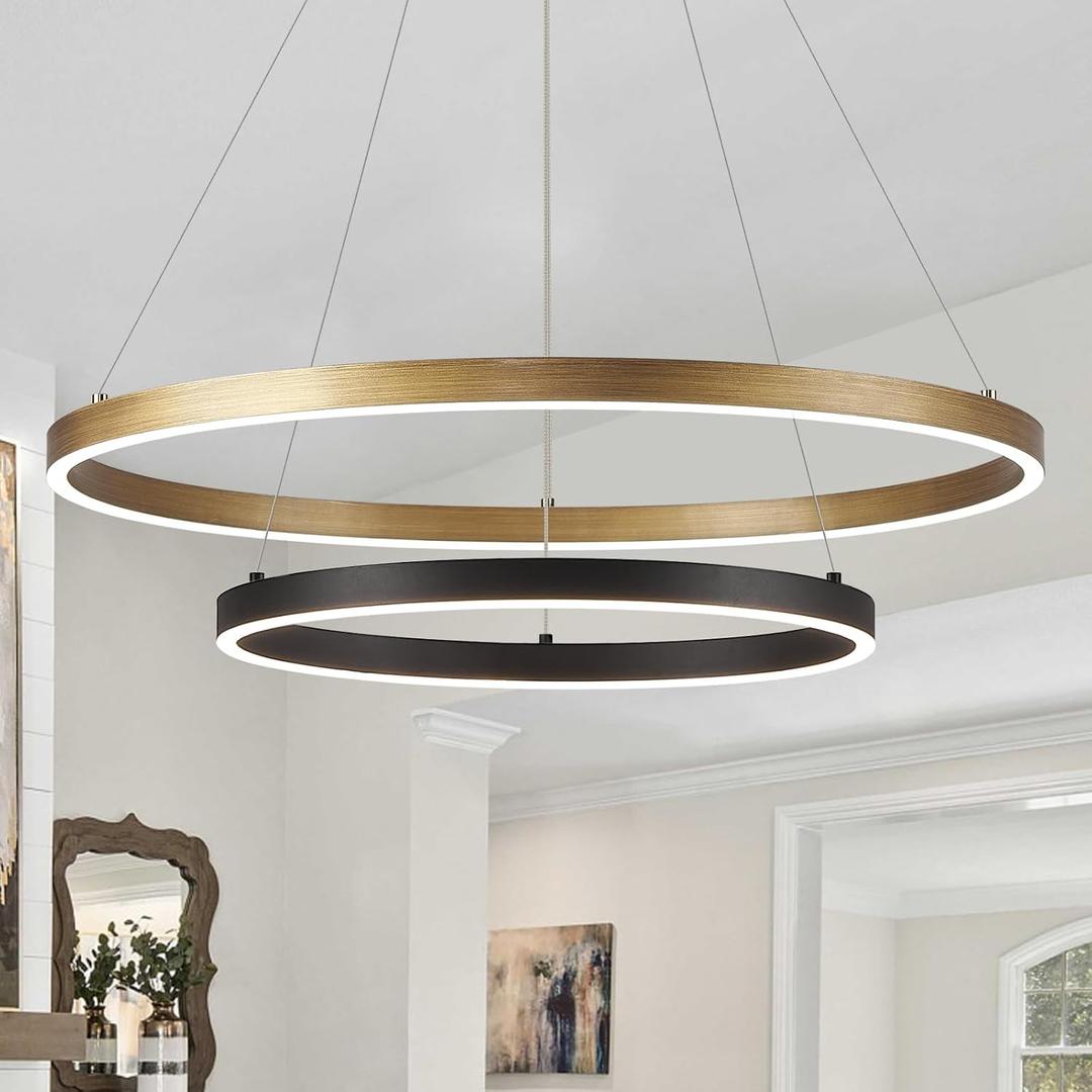 2 Ring LED Chandelier Black Gold Chandelier for Dining Room 24in Dimmable Circular Chandeliers Light Round Chandeliers for Bedroom Kitchen Entryway Living Room
