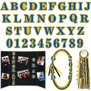 72 Pcs Glitter 2026 Graduation Letters Numbers Cardstock Shiny Crafts Alphabet with Adhesive Dots for Graduation Trifold Photo Board Grad Leis Homecoming Mums DIY Supplies(Blue Gold)