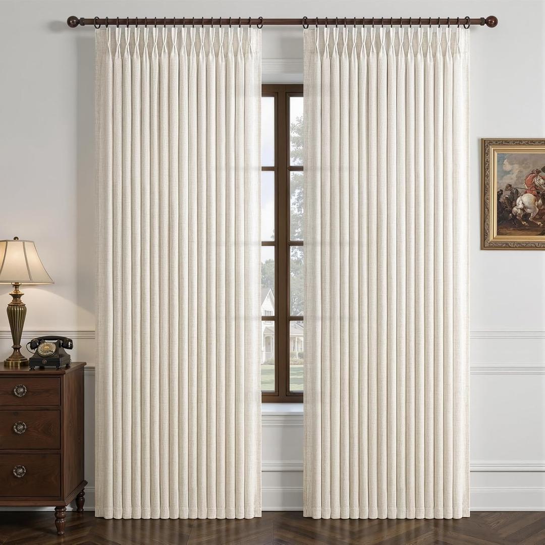 Pinch Pleated Linen 50 Inch Wide Curtains 96 Inches Long for Living Room, Memory Trained Pleat Boho Semi Sheer Birch Light Filtering Privacy Drapes 50x96 Inch Length 2 Panels Set Curtain Cream Ivory