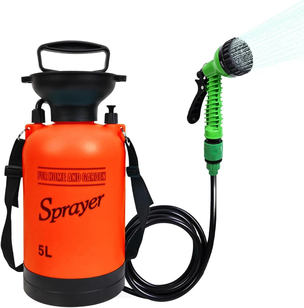 Portable Shower Orange 5L with 7 Spray Modes, Hand Press with Removable Hose and Shower Head (1.3gal)