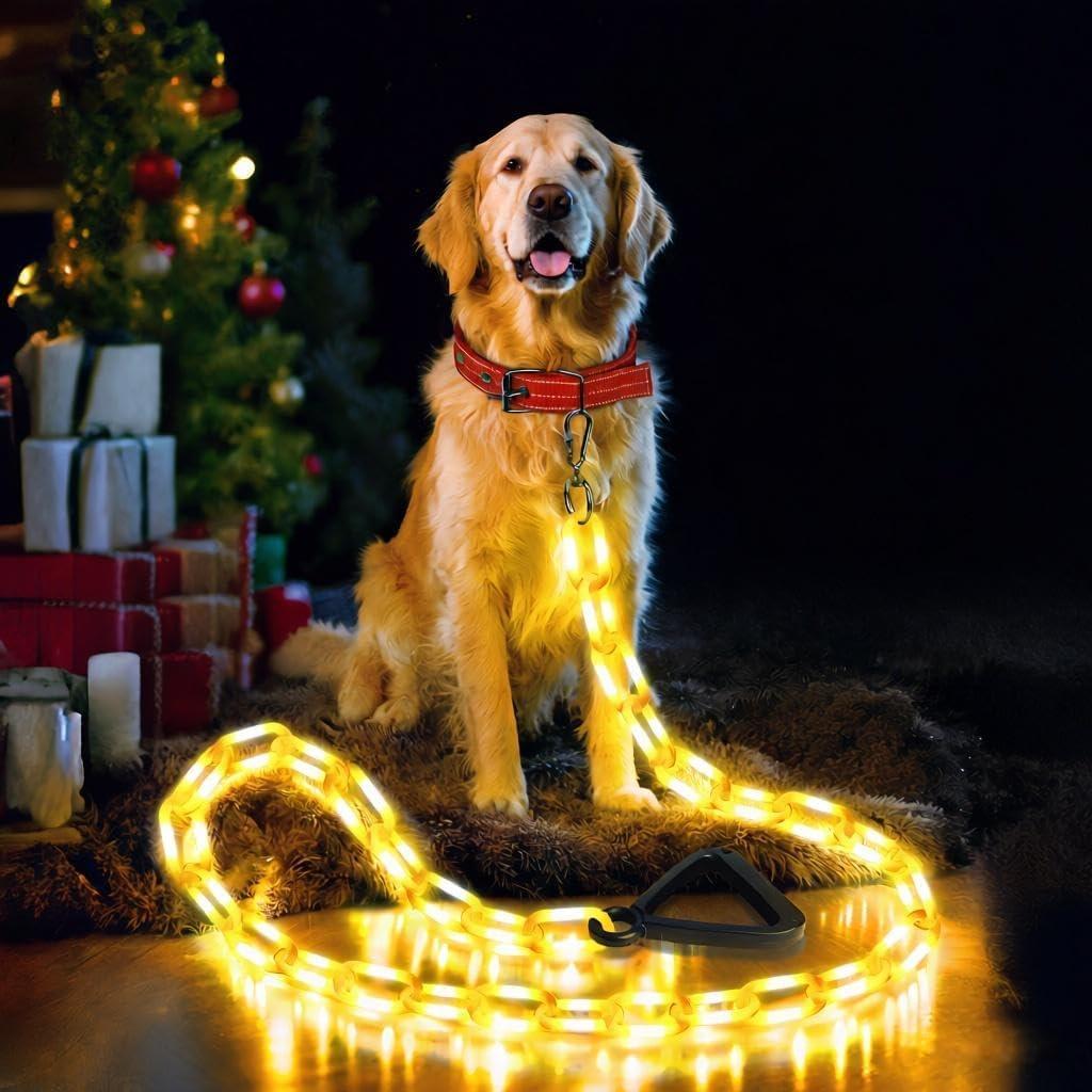 Joomer 6FT Light-Up Dog Leash for Night Walking, 60 LED Battery-Operated Dog Chain Lights with 6 Modes & Timer, Glow Leash with Secure Handle for Small to Large Pets - Warm White