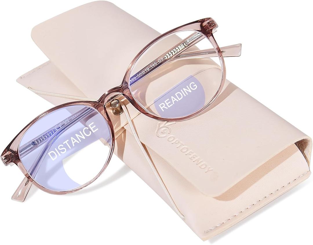 OPTOFENDY Bifocal Reading Glasses for Women, TR90 Round Clear Top Blue Light Computer Readers with Spring Hinge (Crystal Brown)