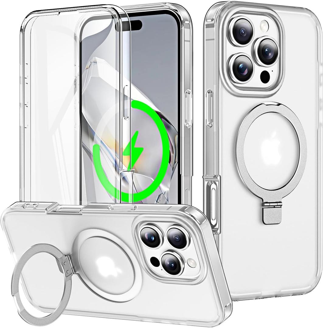 for iPhone 16 Pro Max Full Body Shockproof Case with Magnetic Invisible Stand [Compatible with MagSafe] Built-in Screen Protector Military Drop ProtectionTranslucent Phone Cover -White