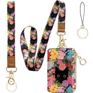 bolimoss Black Cat Flower Lanyard Wallet,Pu Leather Women Zid ID Case with Lanyards,Cute Neck & Wrist Lanyard Keychain for Women, Teacher, Nurse, Office Name Tag Badge Holder ID Card Holder