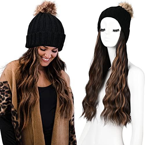 HOOJIH Knitted Beanie Wig, Hat Hair Extension Long Wavy Curly Black Hat Wig with Faux Fur Pom Hat Attached 18 Inch Synthetic Hairpiece for Women Girls Winter - Black Brown with Highlights
