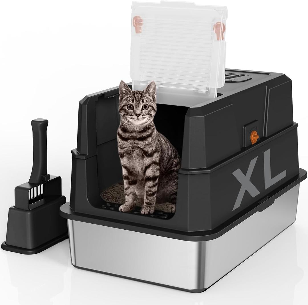 SZEE Stainless Steel Cat Litter Box with 180°Flip-Top Lid, Easy Clean XL Enclosed Litter Box, Large Covered Steel Cat Box with Scoop, Odor Control and Anti-Urine Leakage, 23.2 x 15 x 15 Inch, Black