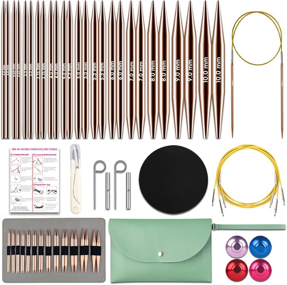 Lewhoo Circular Knitting Needles Set, 13 Pairs Interchangeable Aluminum Round Circular Needle for Knitting with Bag 3.0~10 mm Rose Gold