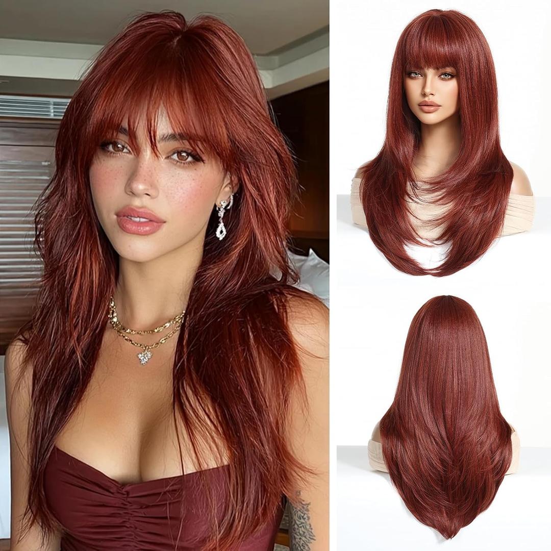 Long Red Wig with Bangs Copper Red Wigs for White Women Natural Hair Wig Layered Synthetic Wigs for Women Straight wig Hair Replacement Wigs Cosplay for Party Holiday Use 24 Inches