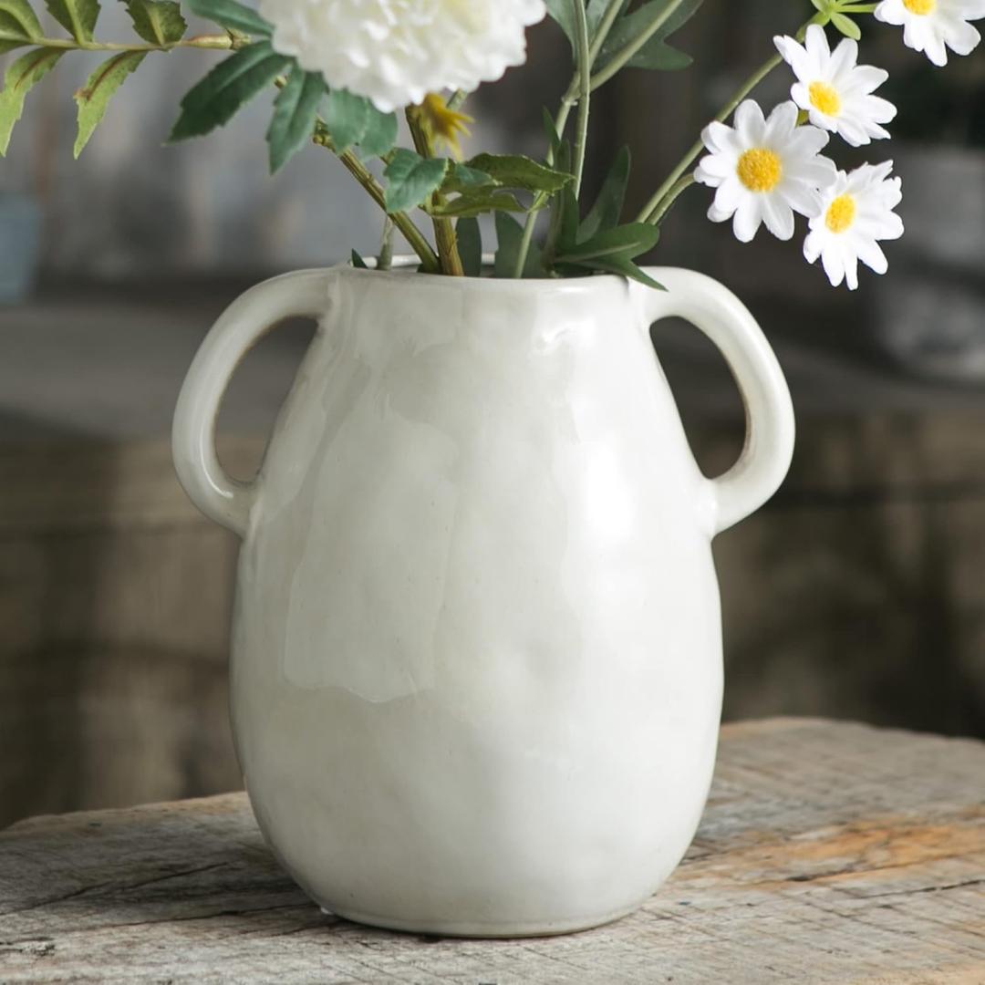 White Ceramic Vase with 2 Handles, Modern Farmhouse Decor, Rustic Terracotta Pottery, Decorative Flower Vases, Clay Small Vase, Centerpiece for Dining Table - 7 Inch Tall
