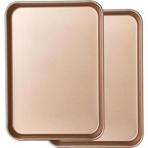 2 Pack 14 X 10 Inches Quality Baking Sheet Pan, Slick Carbon Steel Baking Sheet Set, Warp Resistant Nonstick Cookie Baker's Half Sheets for Baking, Roasting, Gold