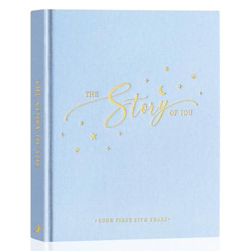 Lanpn Baby Memory Book - Linen Baby Book Memories Keepsake - The Story of You - Newborn Baby First 5 Year Journal Scrapbook Photo Book Milestone Album for Boy Girl New Parents (Blue, 154 Pages)