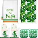 Bencailor 6 Pcs St. Patrick's Day Kitchen Towels Oven Mitts and Pot Holder Sets Green and Black Buffalo Plaid Dish Towels Shamrocks Oven Mitts Glove Potholders for Irish(Clover,Kiss Me)
