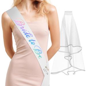 2 x Bride to Be Sash and Veil Lovely White Bride Sash Featuring Rainbow Letters, Soft Satin & Safety Pin, Flowing Cascading Veil with Secure Comb Unique Bachelorette Party Favors & Bridal Shower Gifts