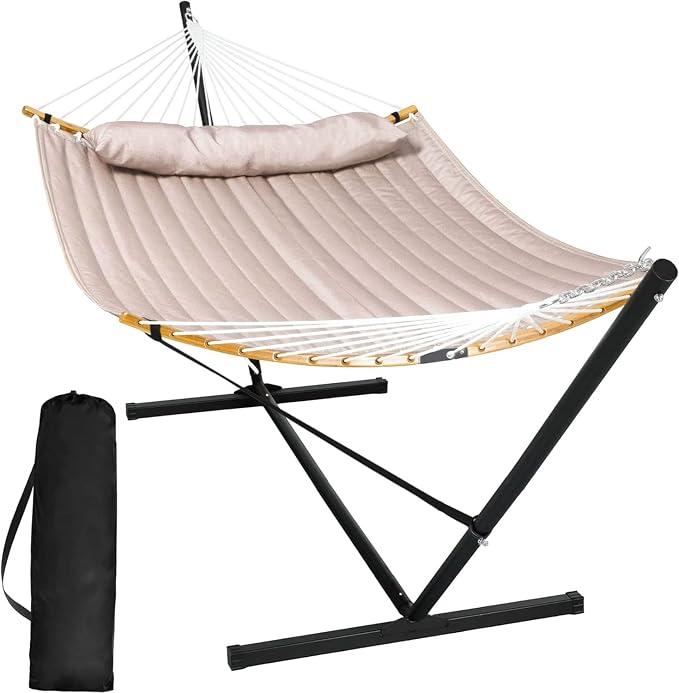 SUNCREAT Double Portable Hammock with Stand, 2 Person Hammock with Curved Spreader Bar, Balance Ropes Included