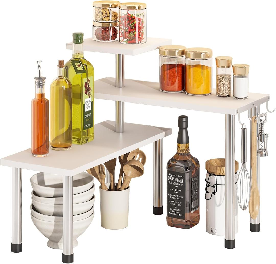 BMOSU Kitchen Corner Shelf Countertop Organizer with Hooks Adjustable Spice Rack Corner Display Rack Shelf Cabinet Counter Shelves(White) (White+Silver Legs) BMOSU Kitchen Corner Shelf Countertop Organizer with Hooks Adjustable Spice Rack Corner Display Rack Shelf Cabinet Counter Shelves(White) (White+Silver Legs)