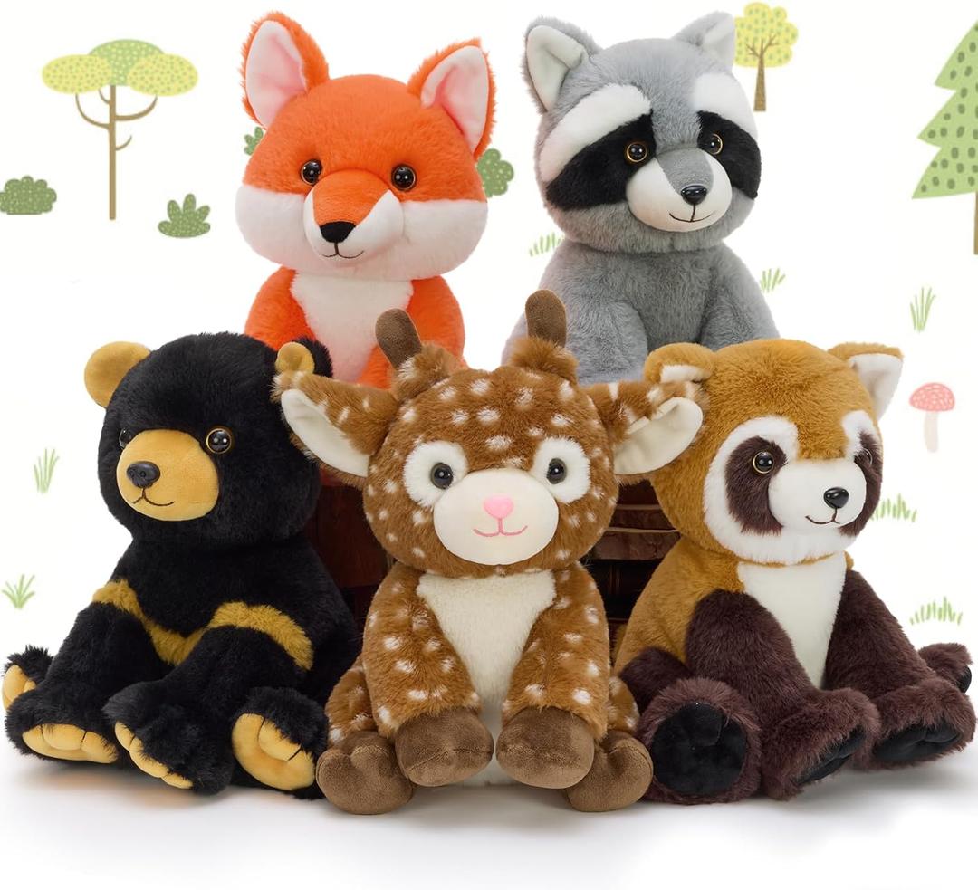 MaoGoLan 5 Pcs Woodland Animals Bulk Stuffed Woodland Toys Baby Shower Party Decorations, 8'' Grizzly Bear Deer Fox Raccoon Red Panda Forest Party Favors Gifts Mother's Day