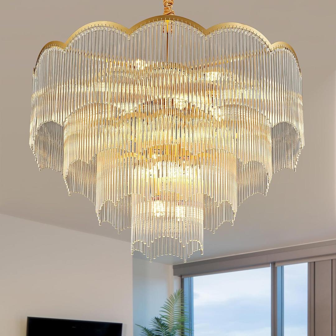 31.5" Gold Clear Glass Crystal Chandelier 18-Light Modern Crystal Pendant Ceiling Light Fixture 4-Tier Luxury Glass Chandeliers,for Dining Room Kitchen Island Living Room Bedroom